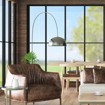 A bright room with large windows